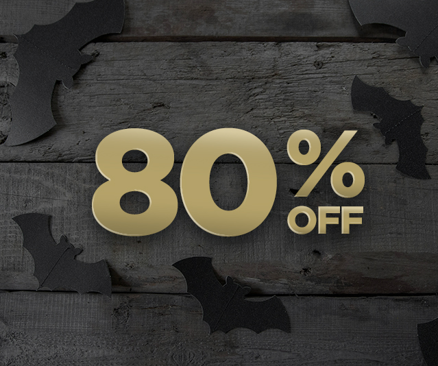 Black bat cut outs on grey wooden surface with '80% off' in the middle